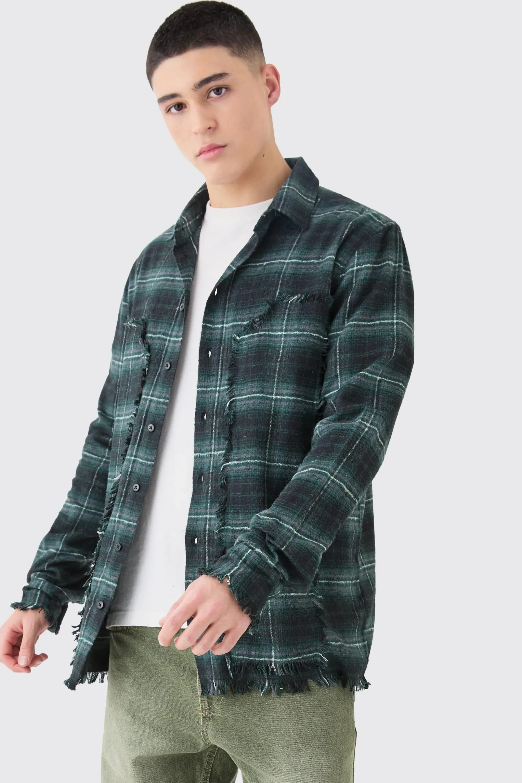 Oversized Distressed Panel Check Shirt | BoohooMAN UK