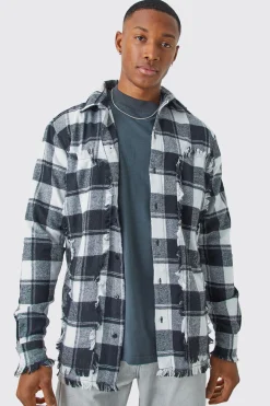 Oversized Distressed Panel Check Shirt | BoohooMAN UK