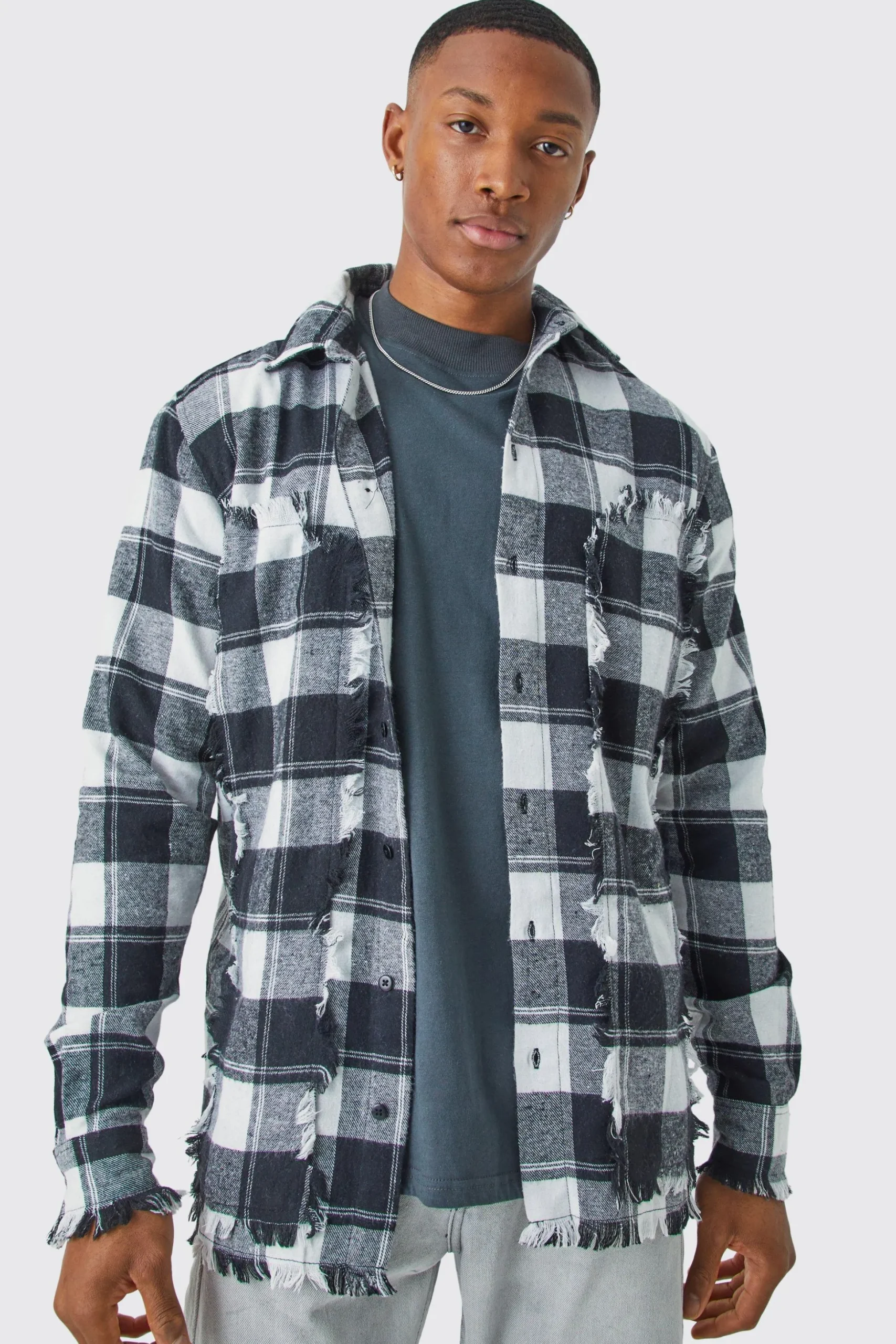 Oversized Distressed Panel Check Shirt | BoohooMAN UK