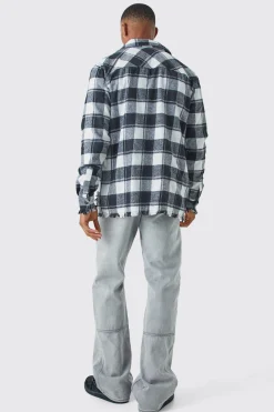 Oversized Distressed Panel Check Shirt | BoohooMAN UK