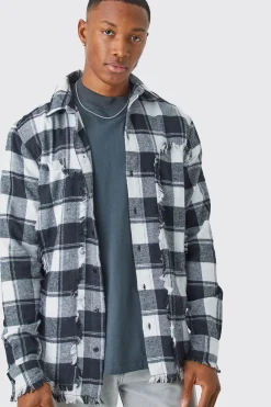 Oversized Distressed Panel Check Shirt | BoohooMAN UK