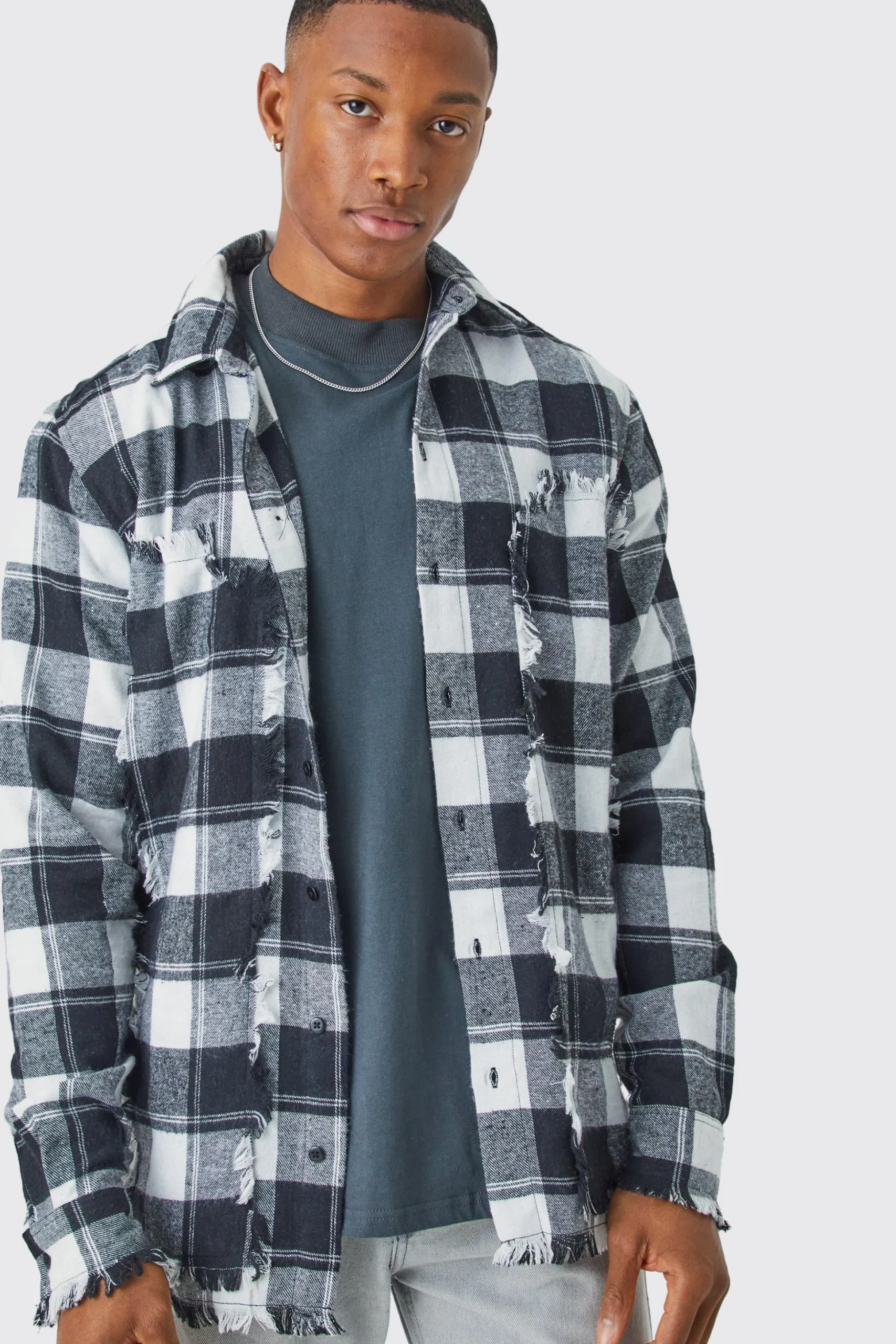 Oversized Distressed Panel Check Shirt | BoohooMAN UK