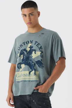 Oversized Distressed Western Print Washed T-Shirt | BoohooMAN UK
