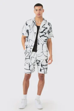 Oversized Doodle Printed Pleated Shirt & Short Set | BoohooMAN UK
