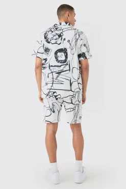Oversized Doodle Printed Pleated Shirt & Short Set | BoohooMAN UK