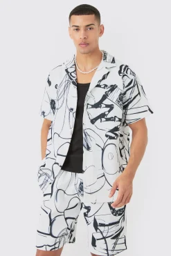 Oversized Doodle Printed Pleated Shirt & Short Set | BoohooMAN UK