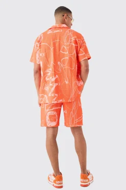 Oversized Doodle Printed Pleated Shirt & Short Set | BoohooMAN UK