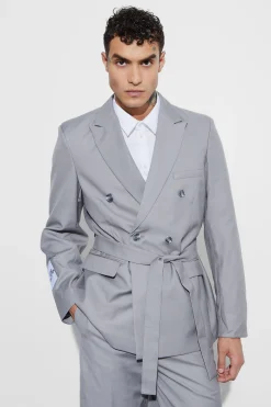 Oversized Double Breasted Wrap Belted Blazer | BoohooMAN UK