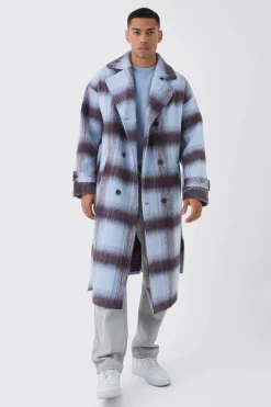 Oversized Double Breasted Brushed Check Overcoat In Lilac | BoohooMAN UK