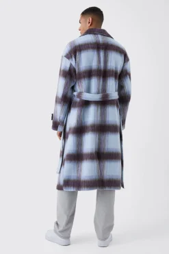 Oversized Double Breasted Brushed Check Overcoat In Lilac | BoohooMAN UK