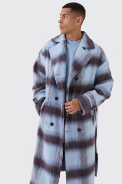 Oversized Double Breasted Brushed Check Overcoat In Lilac | BoohooMAN UK