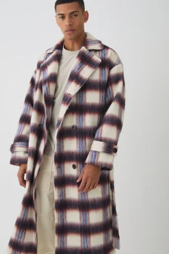 Oversized Double Breasted Brushed Check Overcoat In Burgundy | BoohooMAN UK