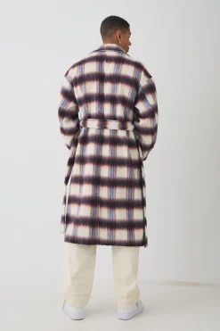 Oversized Double Breasted Brushed Check Overcoat In Burgundy | BoohooMAN UK