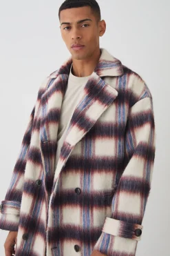 Oversized Double Breasted Brushed Check Overcoat In Burgundy | BoohooMAN UK