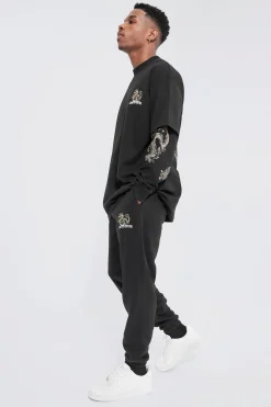Oversized Dragon Faux Layer T-shirt Tracksuit | BoohooMAN UK