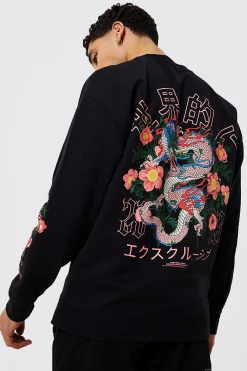 Oversized Dragon Floral Graphic Sweatshirt | BoohooMAN UK