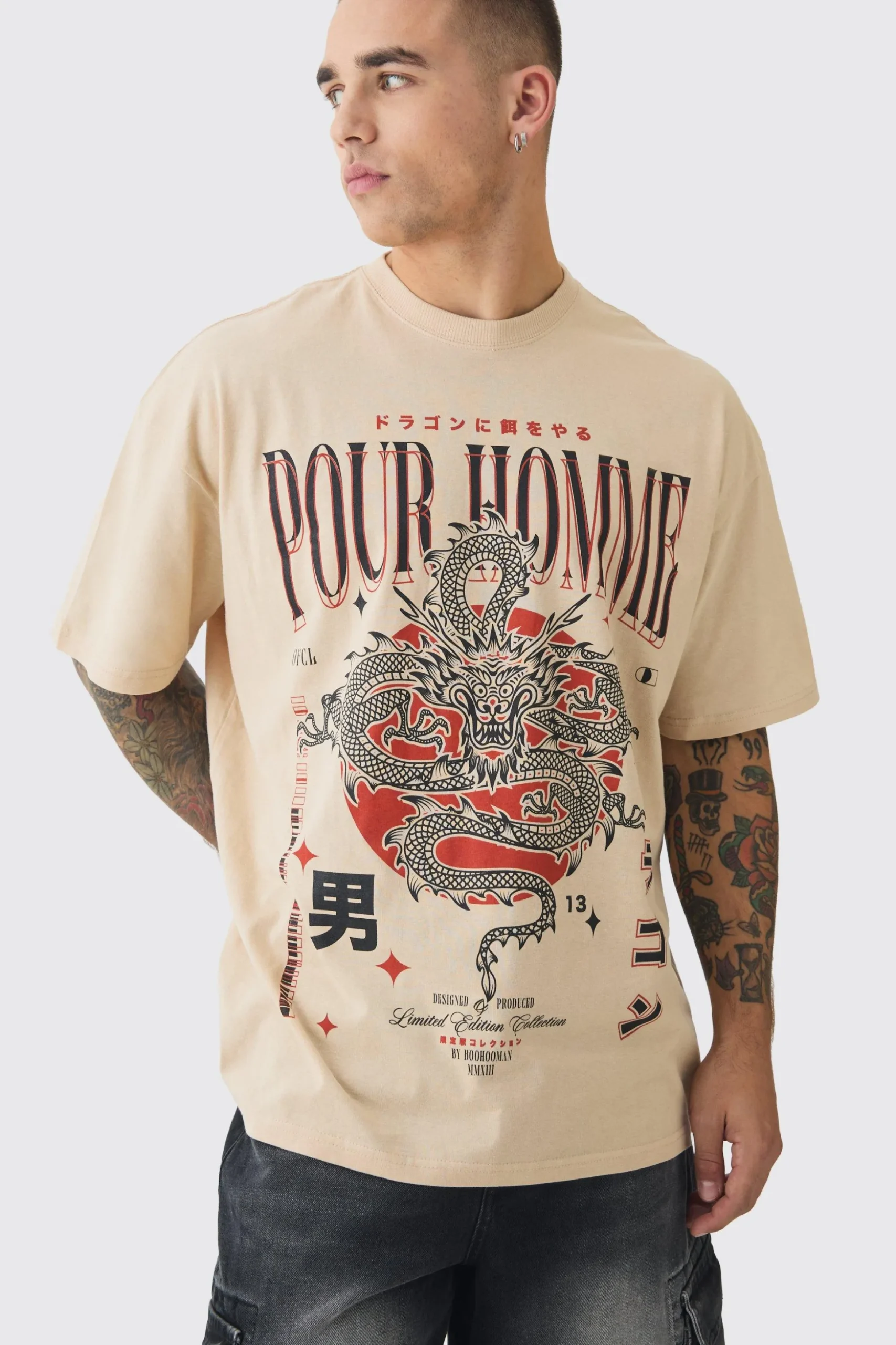 Oversized Dragon Print Wash T-shirt | BoohooMAN UK
