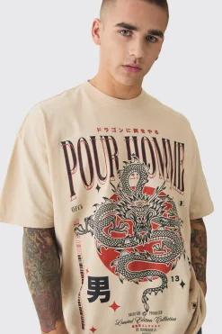 Oversized Dragon Print Wash T-shirt | BoohooMAN UK