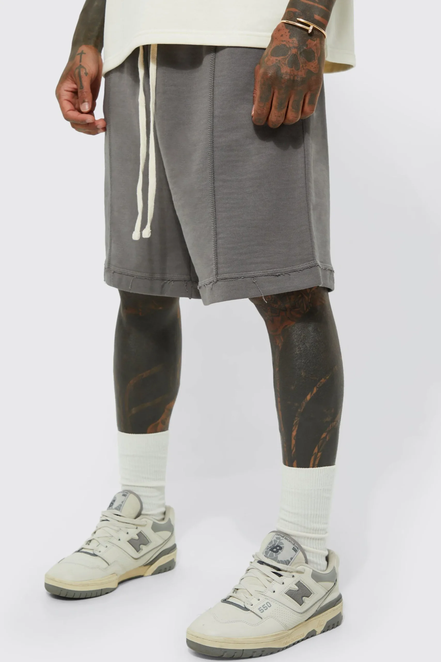Oversized Drop Crotch Rib Hem Loopback Short | BoohooMAN UK