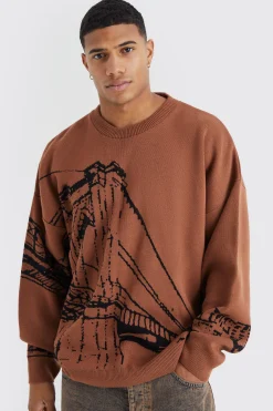 Oversized Drop Shoulder Line Graphic Jumper | BoohooMAN UK
