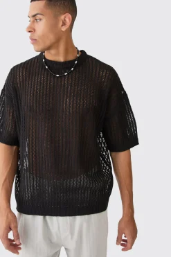Oversized Drop Shoulder Open Stitch T-shirt In Black | BoohooMAN UK