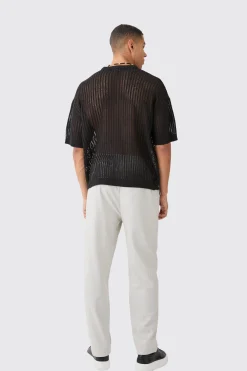 Oversized Drop Shoulder Open Stitch T-shirt In Black | BoohooMAN UK