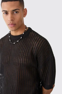 Oversized Drop Shoulder Open Stitch T-shirt In Black | BoohooMAN UK