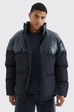 Oversized Embossed Pu & Nylon Puffer | BoohooMAN UK