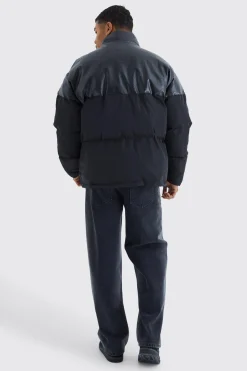 Oversized Embossed Pu & Nylon Puffer | BoohooMAN UK