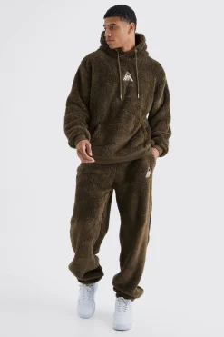 Oversized Embroidered Borg Hooded Tracksuit | BoohooMAN UK