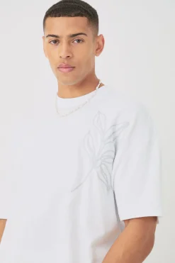 Oversized Embroidered Floral Line Slub T-shirt | BoohooMAN UK