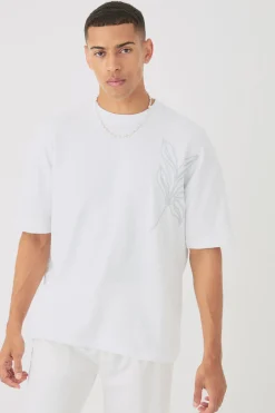 Oversized Embroidered Floral Line Slub T-shirt | BoohooMAN UK