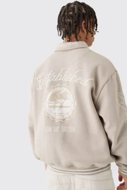 Oversized Embroidered Harrington Jersey Bomber Jacket | BoohooMAN UK