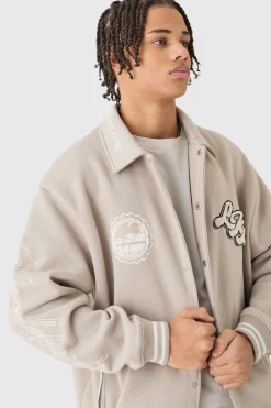 Oversized Embroidered Harrington Jersey Bomber Jacket | BoohooMAN UK