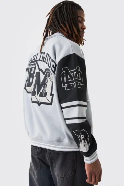 Oversized Embroidered Harrington Jersey Bomber Jacket | BoohooMAN UK