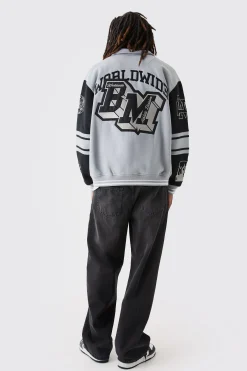 Oversized Embroidered Harrington Jersey Bomber Jacket | BoohooMAN UK