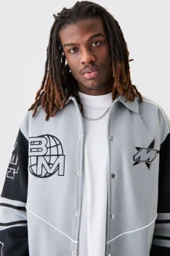 Oversized Embroidered Harrington Jersey Bomber Jacket | BoohooMAN UK