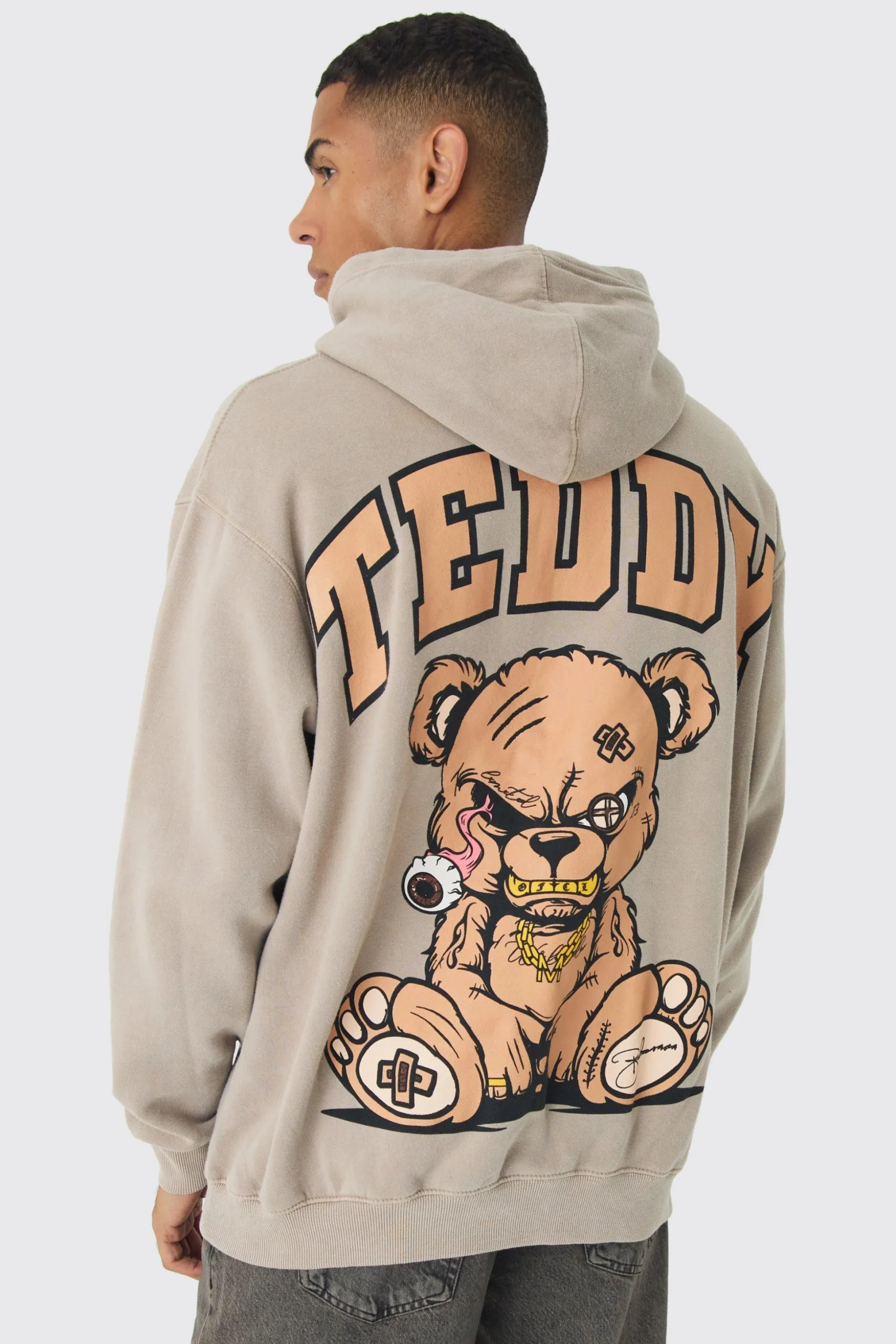 Oversized Evil Teddy Large Scale Print Hoodie | BoohooMAN UK