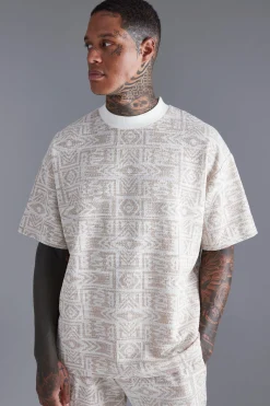 Oversized Ex Neck Jacquard Aztec T-shirt | BoohooMAN UK