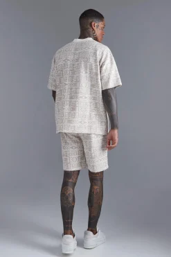 Oversized Ex Neck Jacquard Aztec T-shirt | BoohooMAN UK