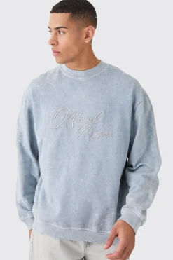 Oversized Extended Neck Acid Wash Embroidered Man Sweatshirt | BoohooMAN UK