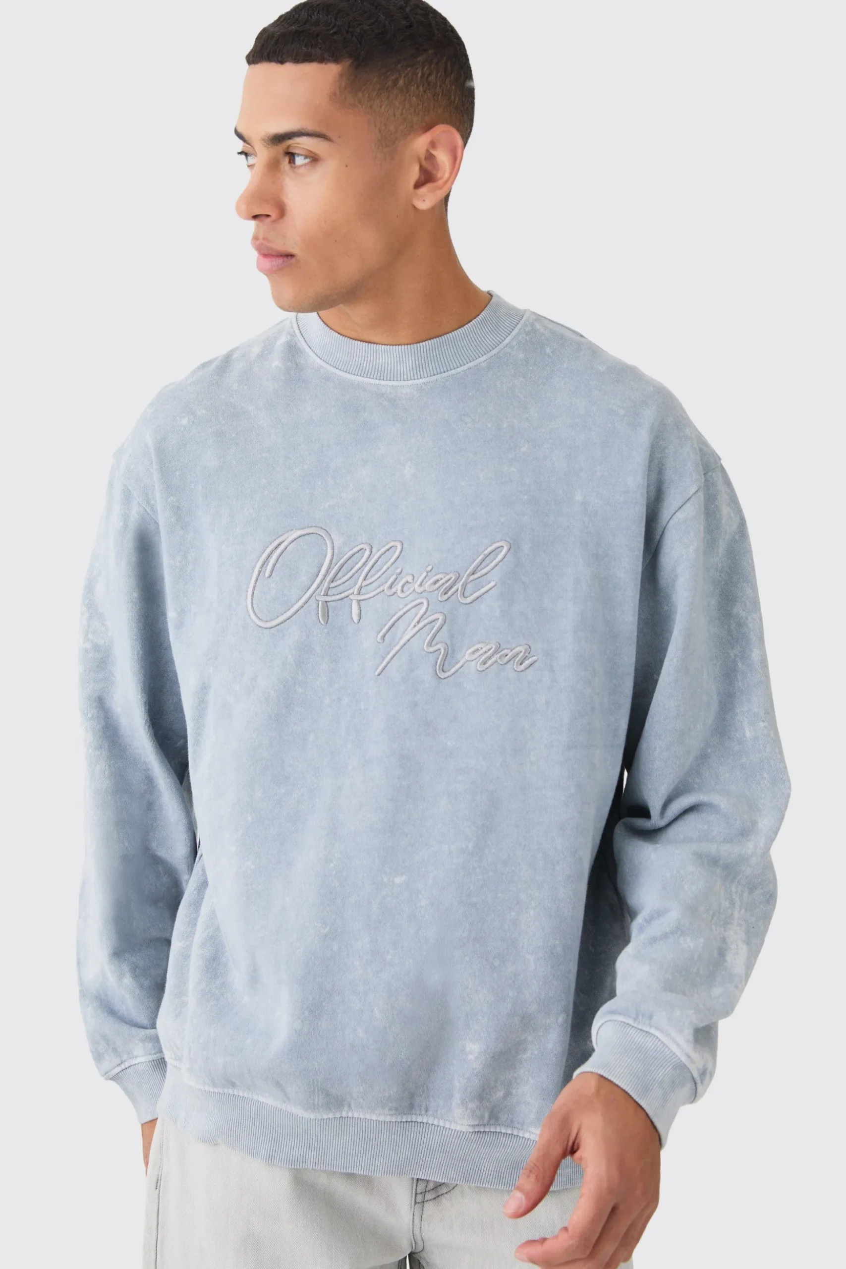 Oversized Extended Neck Acid Wash Embroidered Man Sweatshirt | BoohooMAN UK