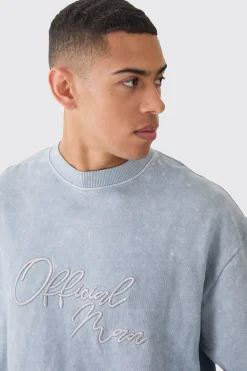 Oversized Extended Neck Acid Wash Embroidered Man Sweatshirt | BoohooMAN UK