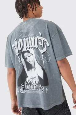 Oversized Extended Neck Acid Wash Embroidered T-shirt | BoohooMAN UK