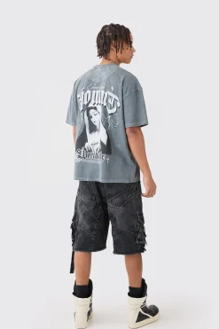 Oversized Extended Neck Acid Wash Embroidered T-shirt | BoohooMAN UK
