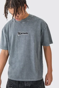 Oversized Extended Neck Acid Wash Embroidered T-shirt | BoohooMAN UK