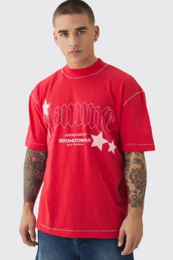 Oversized Extended Neck Applique Star Rhinestone T-shirt | BoohooMAN UK