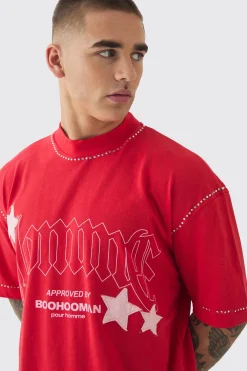 Oversized Extended Neck Applique Star Rhinestone T-shirt | BoohooMAN UK