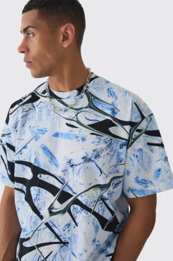 Oversized Extended Neck Abstract Print T-Shirt | BoohooMAN UK