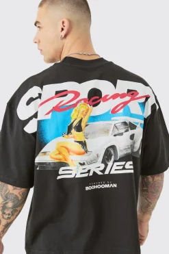 Oversized Extended Neck Boxy Racing Print T-shirt | BoohooMAN UK